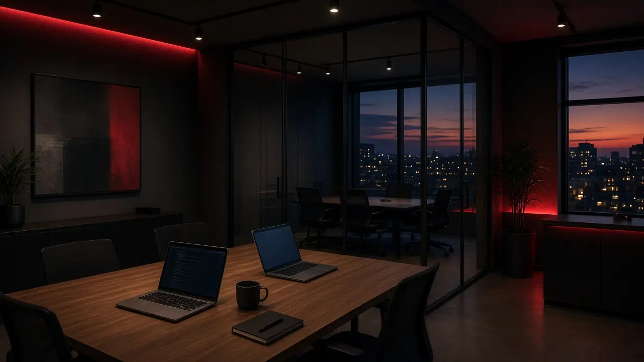 Modern small business office with laptops on a conference table at dusk